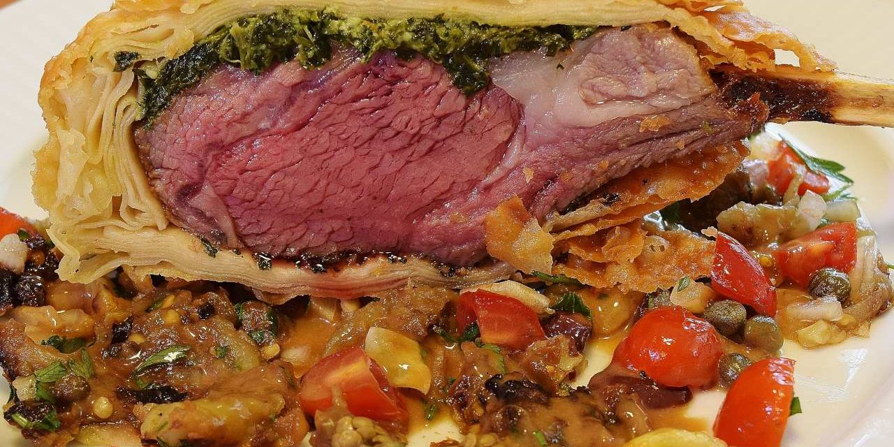 Sous Vide: Rack of Oregon Lamb Stuffed with Spinach and Feta; Edible Eggplant Relish Agrodolce; Phyllo Crust