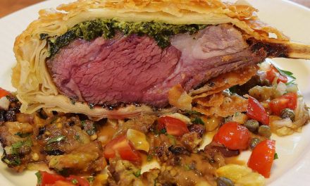 Sous Vide: Rack of Oregon Lamb Stuffed with Spinach and Feta; Edible Eggplant Relish Agrodolce; Phyllo Crust